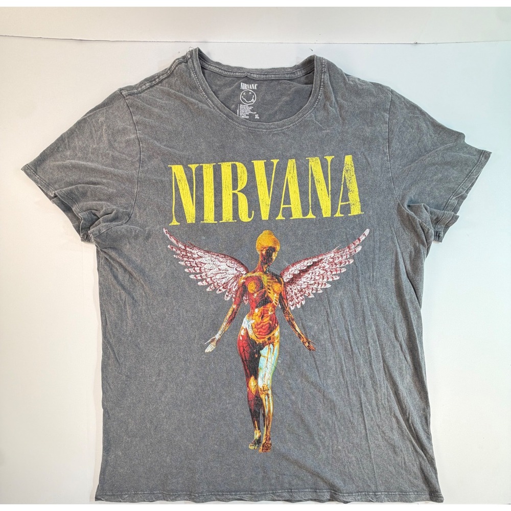 Nirvana In Utero Graphic T-Shirt XL Gray Acid Wash Cottonā Band Tee 2024 Print